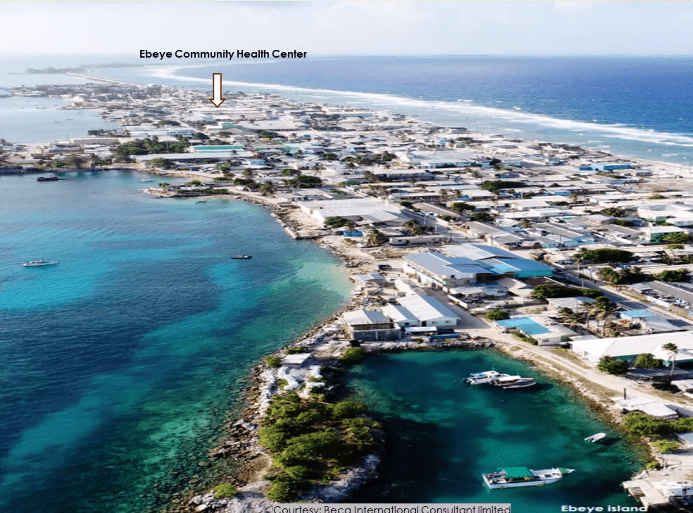 Aerial view of coastline showing location of Ebeye Health Center