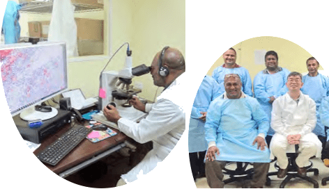Man looking in microscope and group of doctors posing wearing scrubs